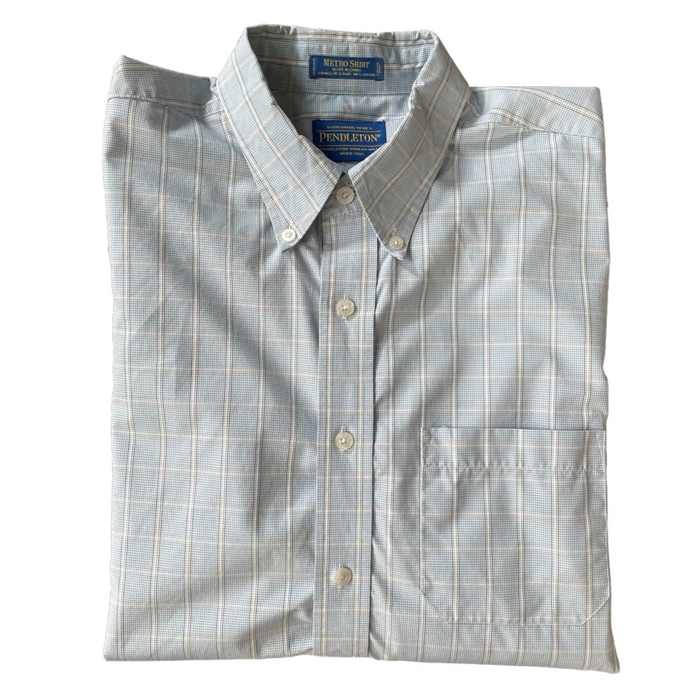 Pendleton Metro Shirt Blue Plaid Button Down Dress Shirt Size: L